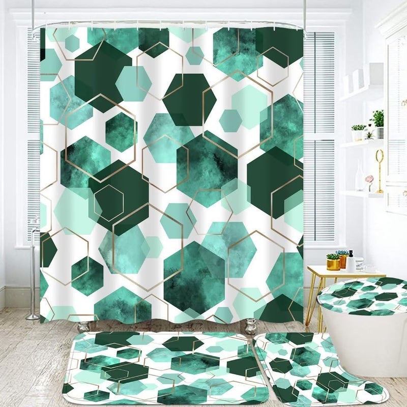 LQCOOL 4Pcs Indigo Shower Curtain Set Marble Grain Geometric Bathroom Set Fresh Turquoise Abstract Bathroom Curtain Set with 12 Hooks Carpet Bath Mat and Toilet Rugs - Image 1